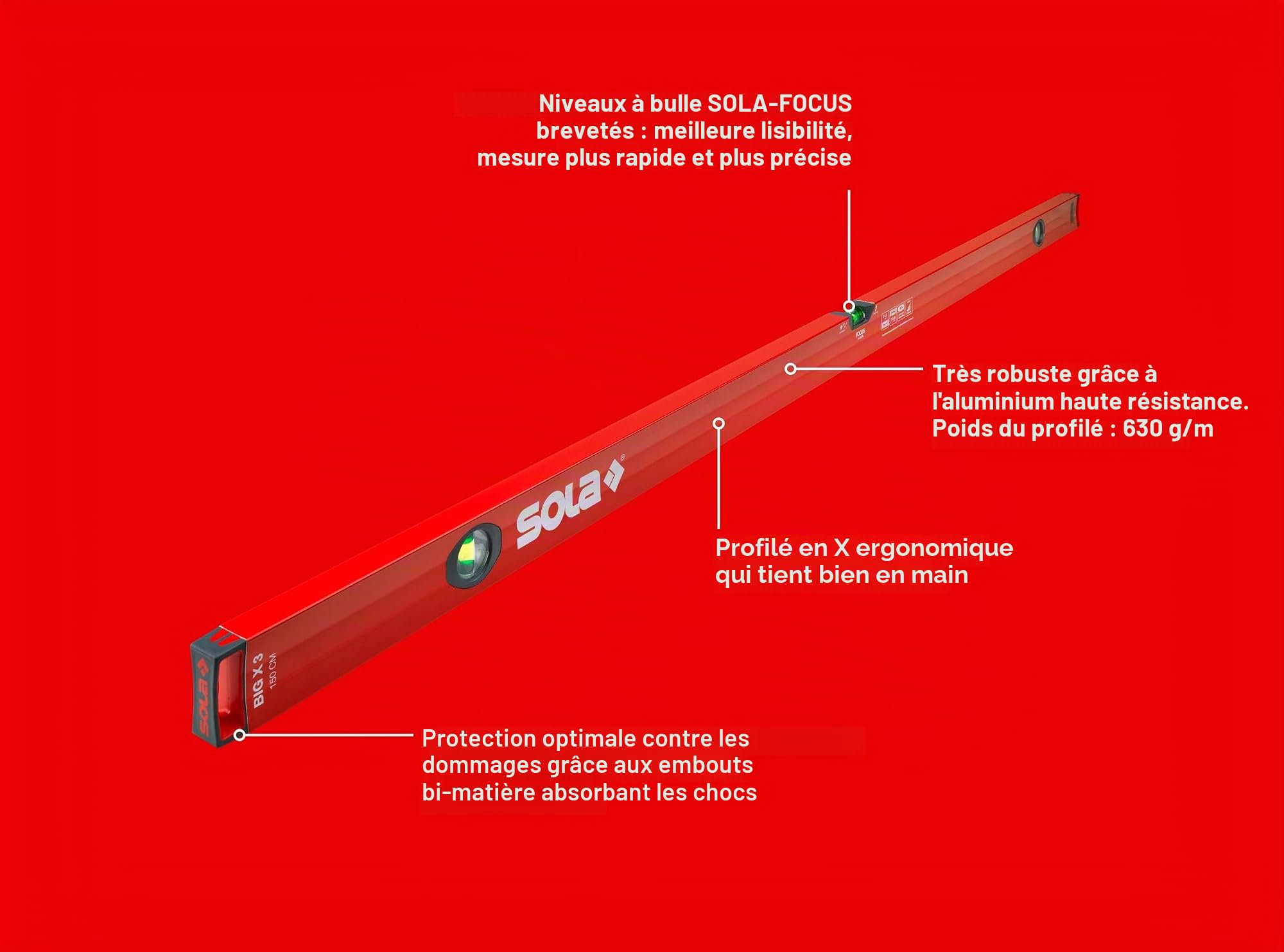 Niveau L.150cm BIG X nivelle/effet loupe SOLA