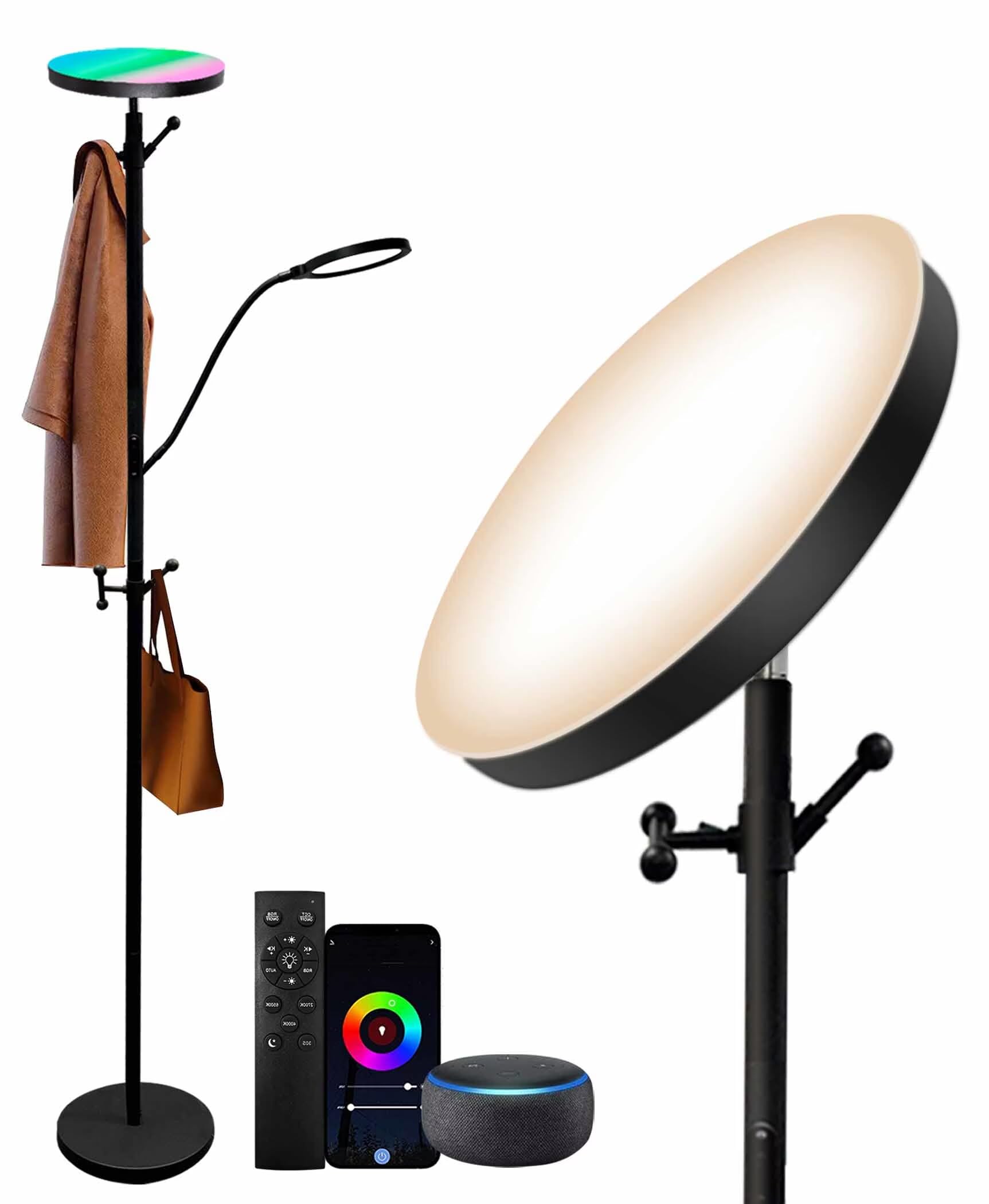 vividstarry Smart LED Floor Lamp with Coat Rack, RGB Standing Lamp with Reading Light for Home Living Room Bedroom, Double Lighting LED Lamp 2700K-6500K Color Temperature, Remote & Touch Control