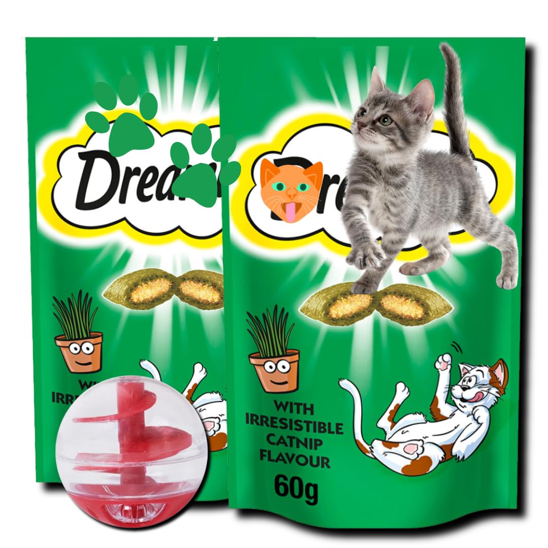 Crunchy Catnip Treats & Toy Bundle - 2 x 60g Cat Biscuits with Interactive Treat Dispensing Ball, 40 g (Pack of 3)