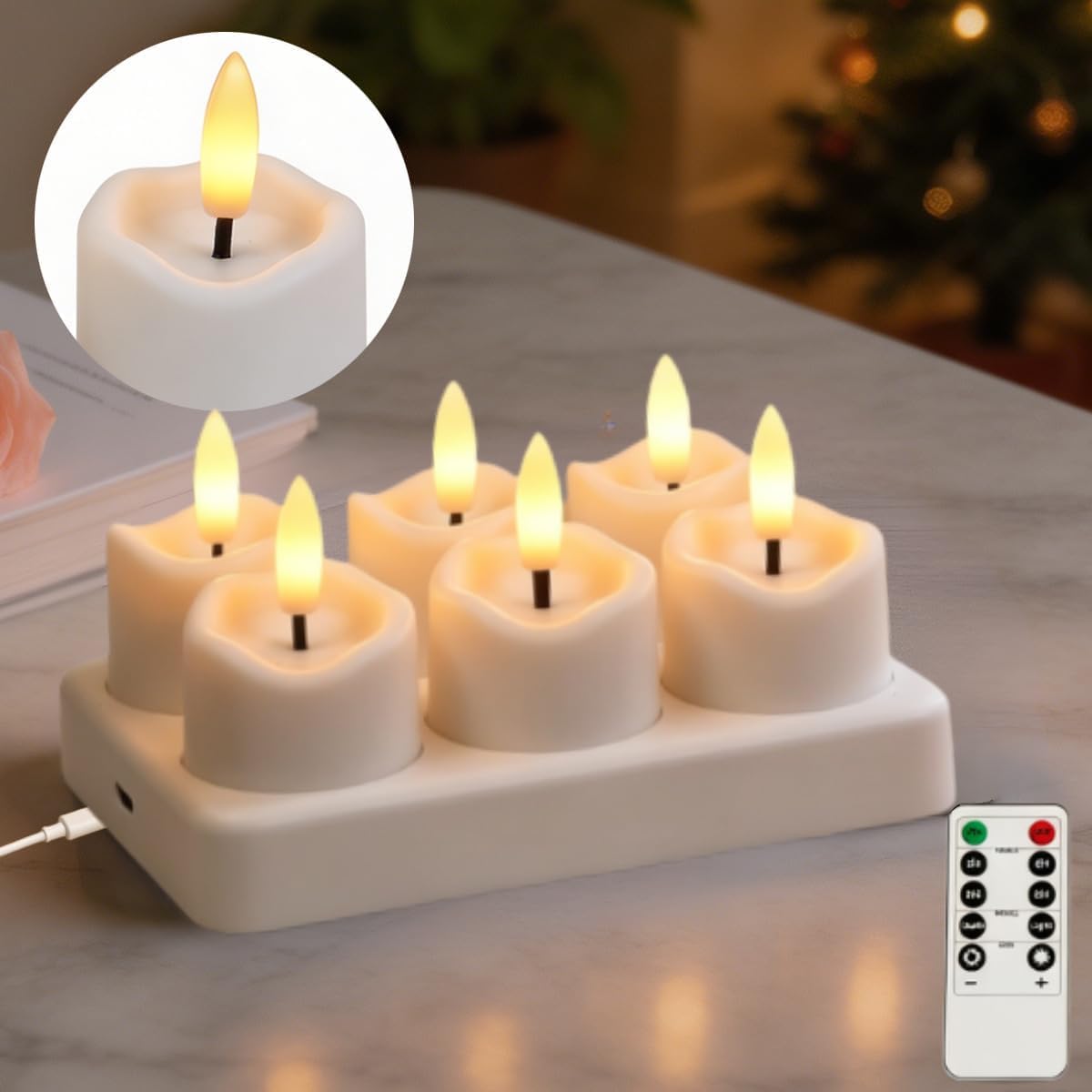 Rechargeable Flameless Tea Lights Candles with Remote & Timer (Beveled–6)