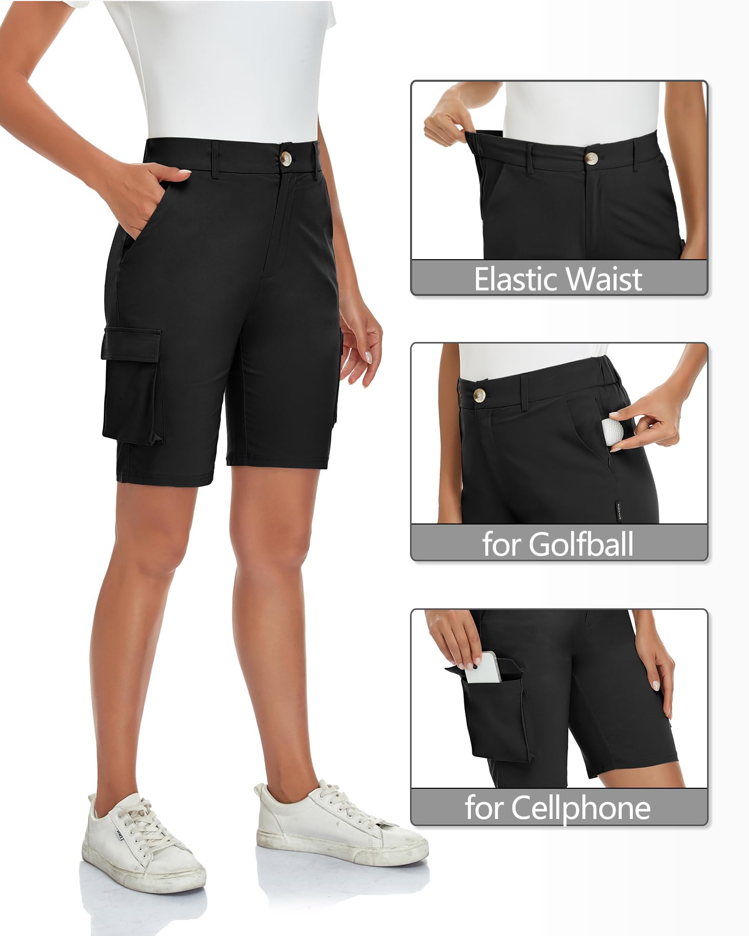 Soneven Léger Shorts Cargo Femme Été Taille Elastique Pantalons Court Taille Haute Fermeture éclair pour Randonnée Golf Loisir Safari avec Poches Zippées