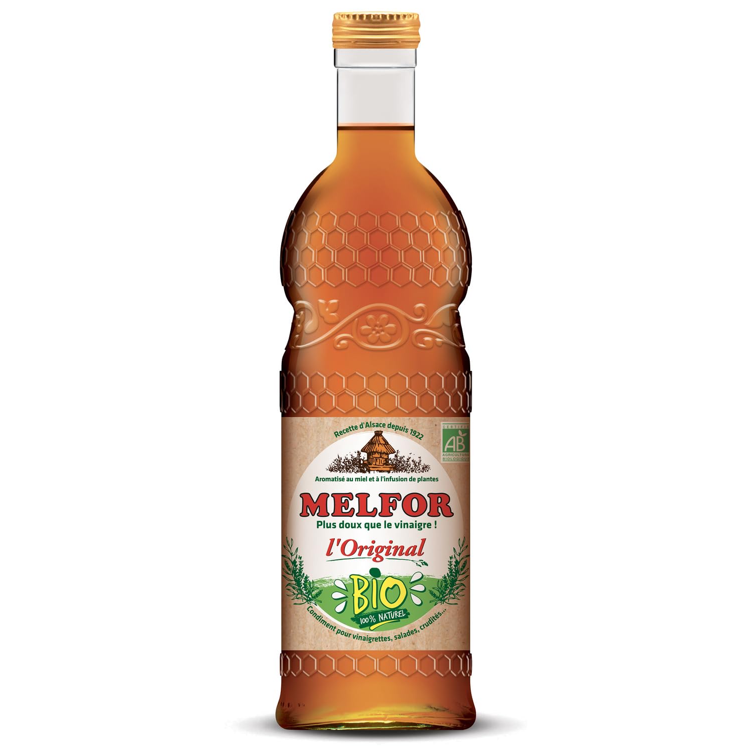 Des assaisonnements plus doux grâce au vinaigre aromatisé au miel et infusion de plantes Bio MELFOR, format 50 cL, recette d'Alsace - Lot de 3