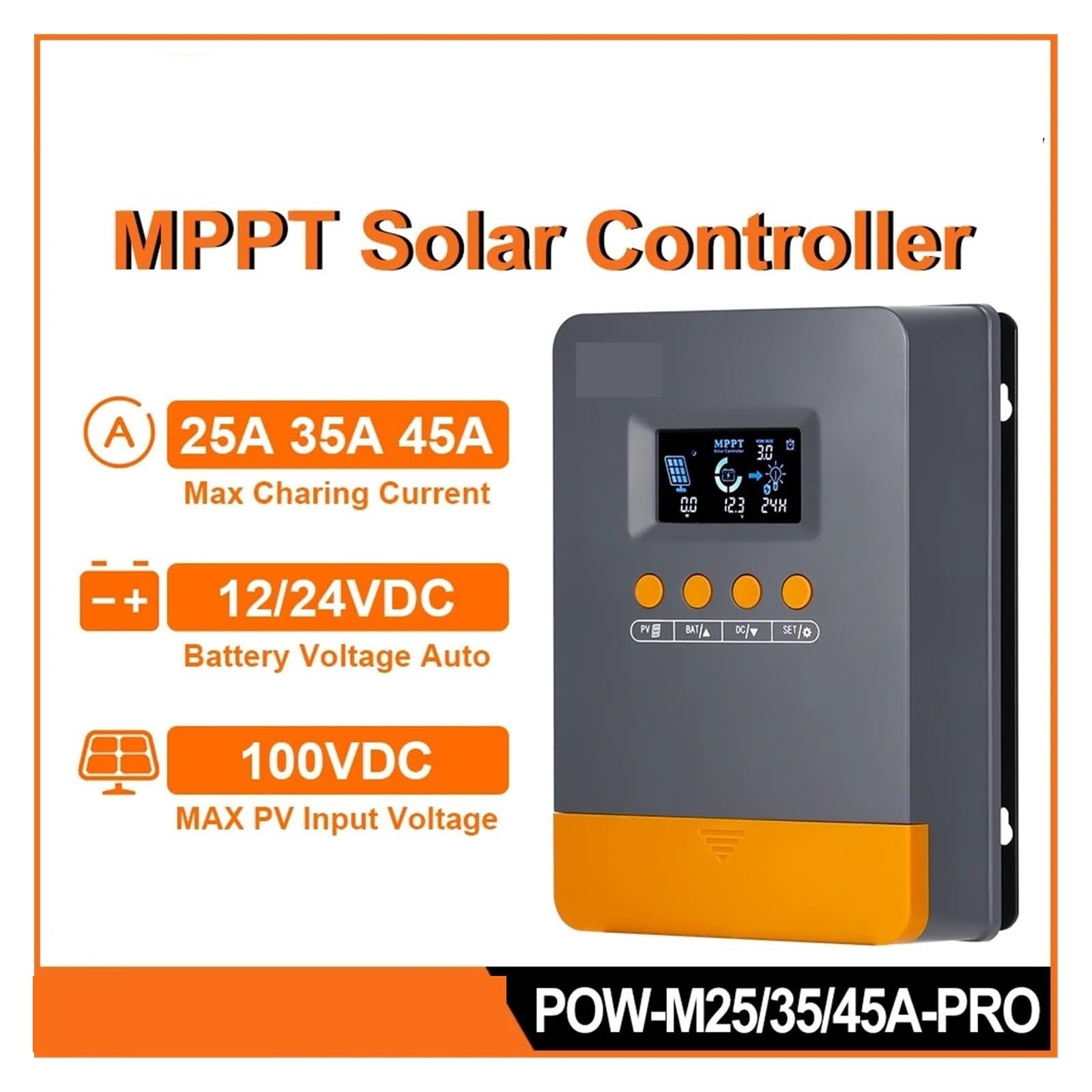 Kontroler ładowania słonecznego, 25A 35A 45A MPPT Regulator Ładowania Słonecznego 12V 24V Auto 100V Panel Inteligentny Regulator-akumulator Kwasowy/litowy(MPPT 35A)