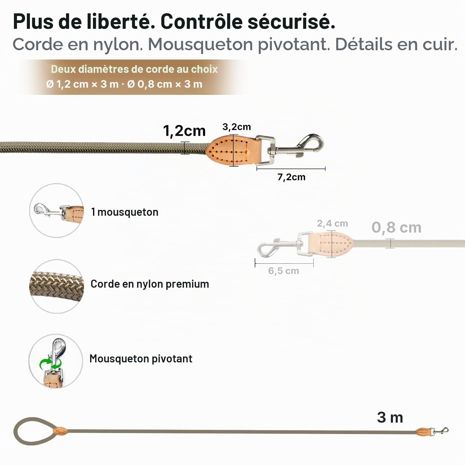 Laisse en corde pour chien - En nylon - Pour chiens de petite, moyenne et grande taille - Légère avec boucle - Pour petits chiens - Robuste - Kaki - 3 m x 1,2 cm