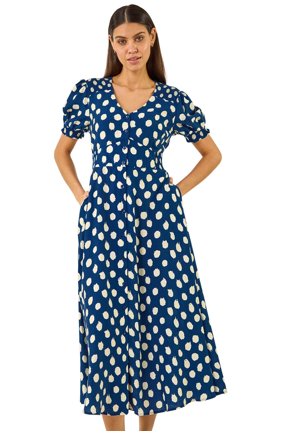 Roman Originals Women's Spot Navy Swing Tea Dress Uk Skater Midi A Line Fit & Flare Summer Casual Smart Cocktail Party Going Out Work Cruise Button Through Long Pocket - Size 18