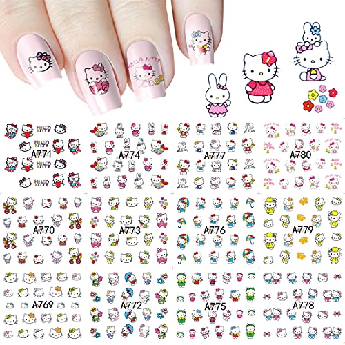 Cute Kawaii Cat Cartoon Nail Stickers Self-Adhesive Nail Decals for Women Girls Kids Nail Art Stickers (12 Sheets)