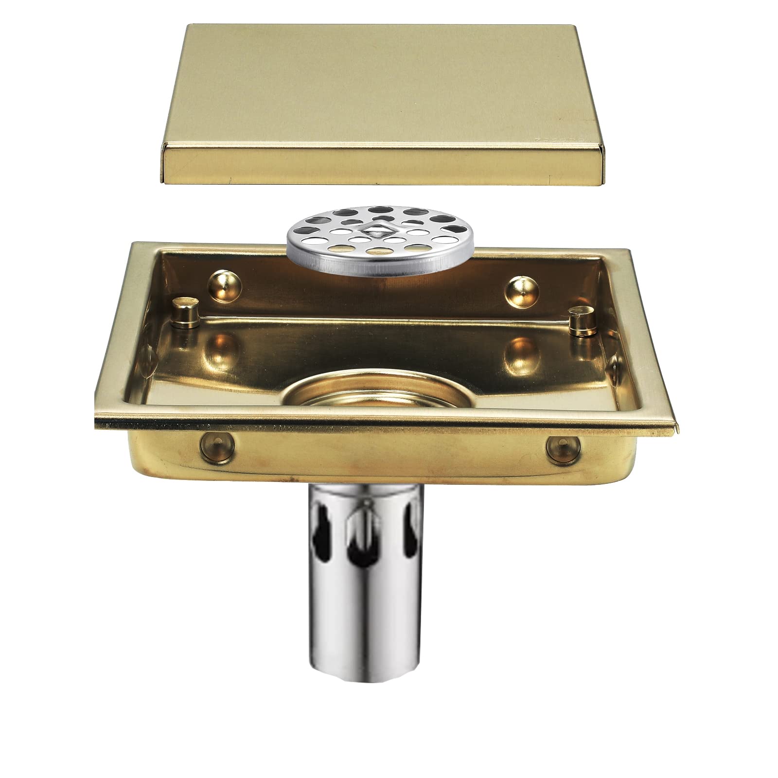 Desagüe de Ducha de 6 Pulgadas con Rejilla para Azulejos, desagüe Cuadrado con Filtro de Pelo, desagüe de Ducha de Acero Inoxidable 304 para baño, Dorado Cepillado