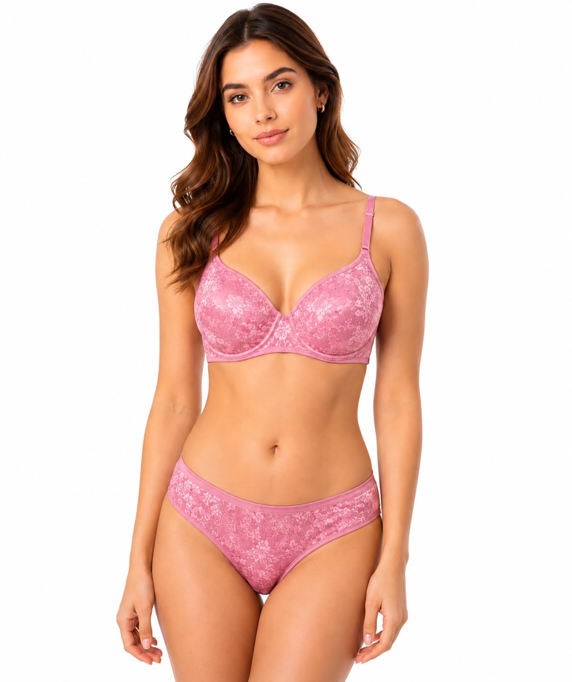 Women's Pink Floral Lace Lingerie Set | Underwired Bra & Panty | Soft Nylon Spandex | Adjustable Straps | Comfortable Everyday & Bridal Innerwear-image-1