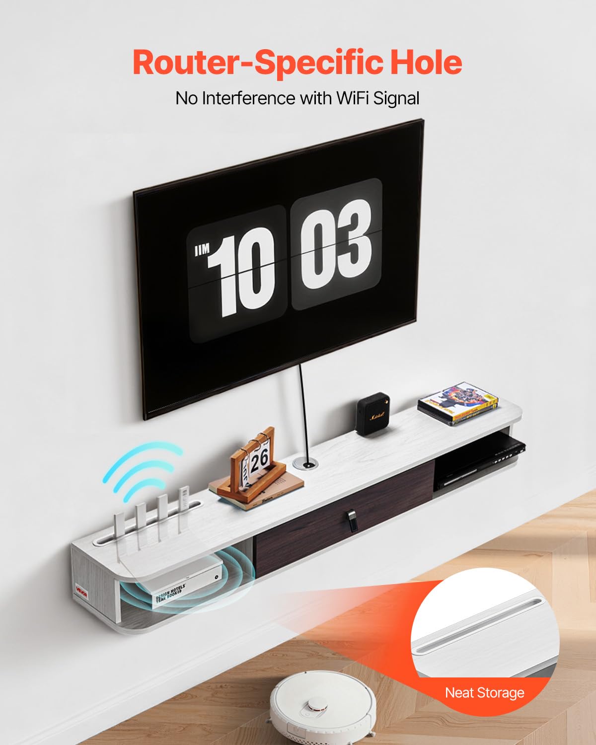 VEVOR Meuble TV flottant 140 cm console multimédia murale avec passe-câbles étagère TV moderne panneaux de particules blanc