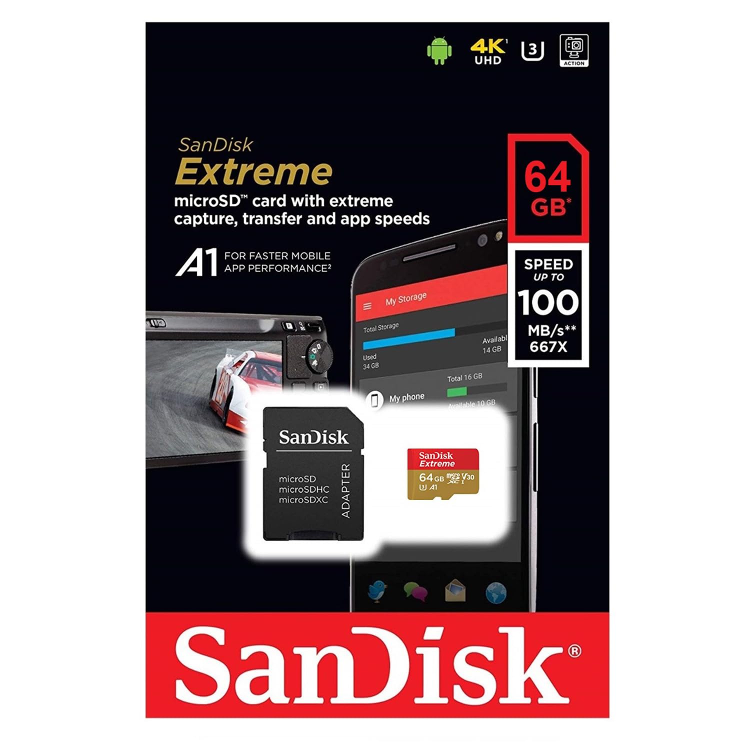 SanDisk Extreme 64GB microSD, microSDHC, microSDXC, 4K UHD- SDSQXA2-064G-GN6MA, A1/A2