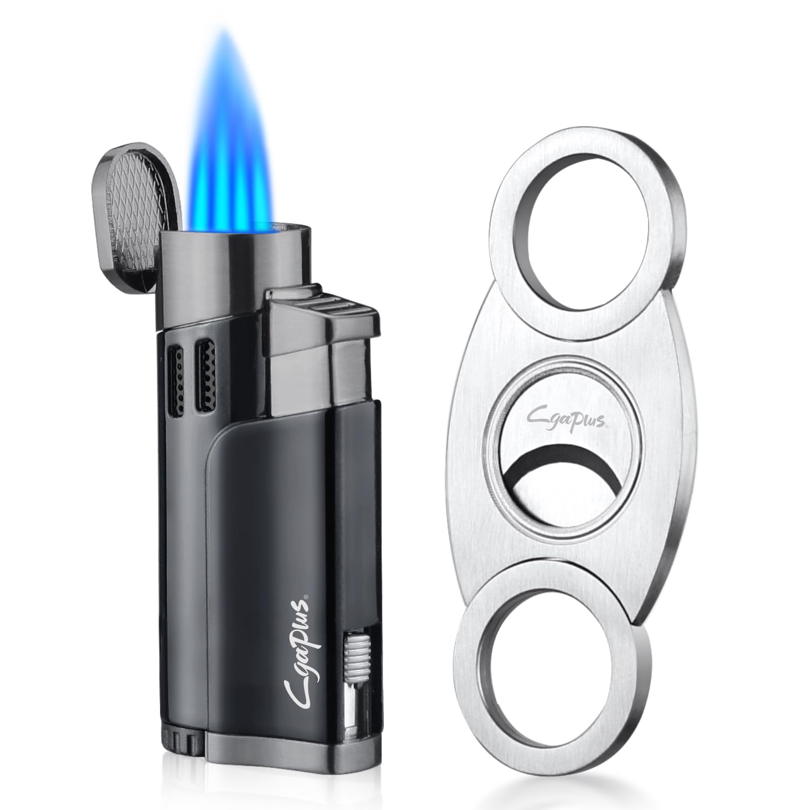 Cigar Cutter and Lighter Set with Butane Refillable Four Jet Flame Lighters Sharpening Blade Cigar Guillotine Windproof Lighter Torch (Black Set)
