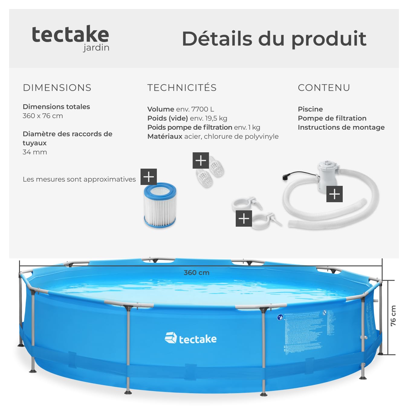 tectake® Piscine Tubulaire Ronde Piscine Hors Sol Ø360 x 76 cm Bleu, Structure en Acier, PVC Résistant aux UV & à la déchirure, avec Pompe Piscine à Filtre, Montage & démontage Facile