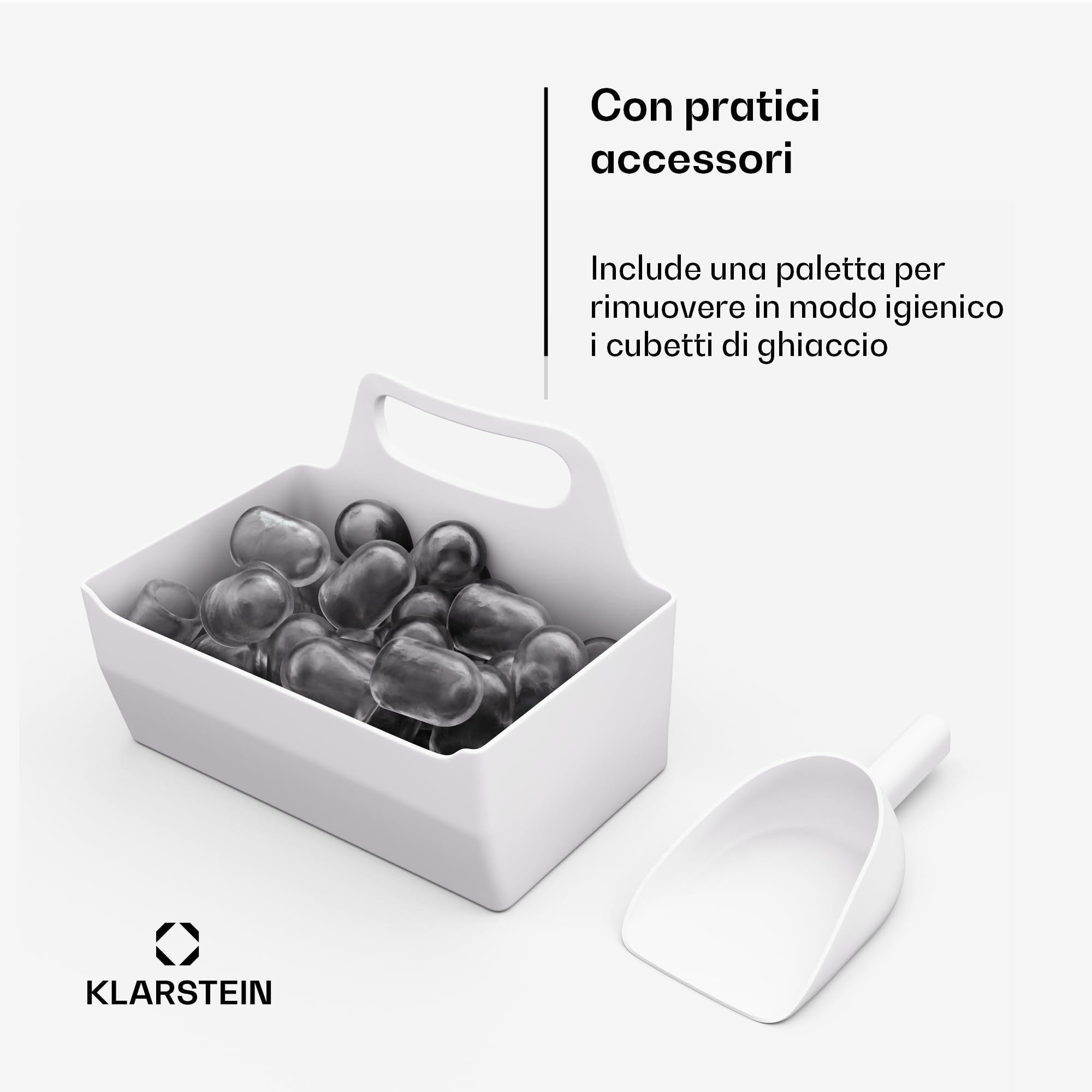 Klarstein IceCraft - Macchina del Ghiaccio, 12kg/24h, Cubetti in 6 Minuti, 2 Dimensioni, Facile da Usare, Design Moderno, Pulizia Automatica, Macchina del Ghiaccio per Casa e Bar, 150W, Bianco
