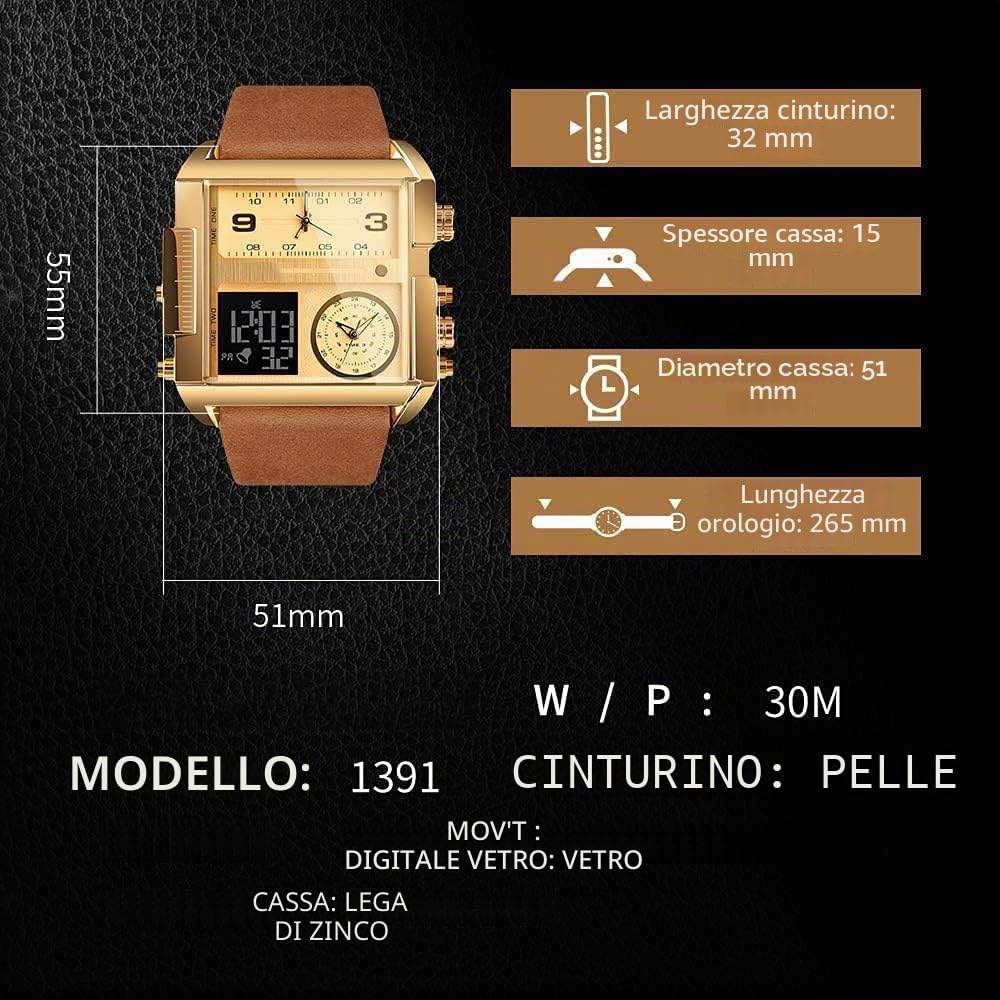 Gosasa Orologio sportivo da uomo, quadrato, digitale, con quadrante grande, LED, analogico, al quarzo, con fusi orari, cronometro impermeabile fino a 50 m