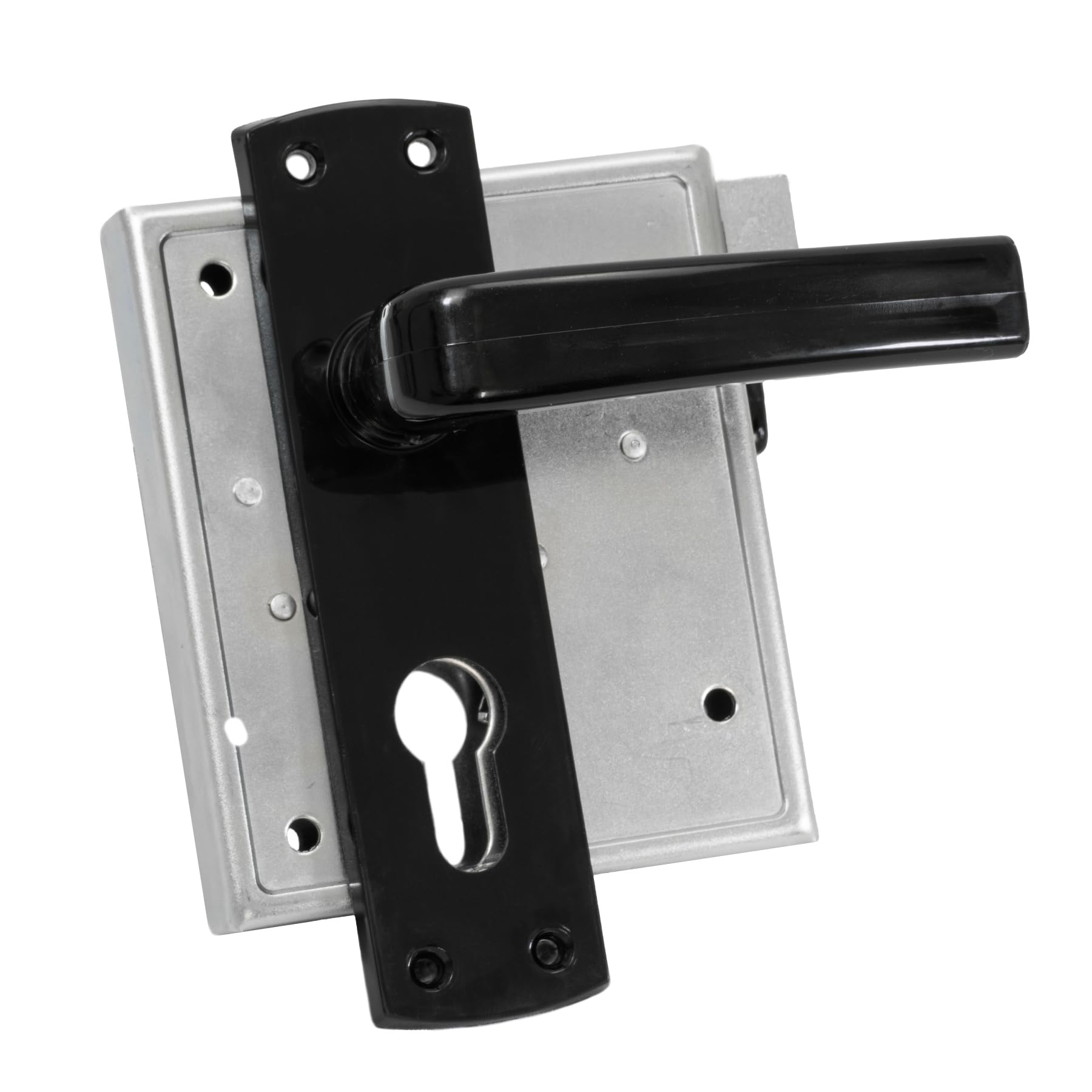 INTRA-TEC Kastenschloss für Profilzylinder – für Gartentore & Kellertüren, Dorn 60 mm, Entfernung 55 mm, DIN L/R, verzinkt, schließende Falle, zweitourig mit Drücker und Schild, Edelstahlstulpe
