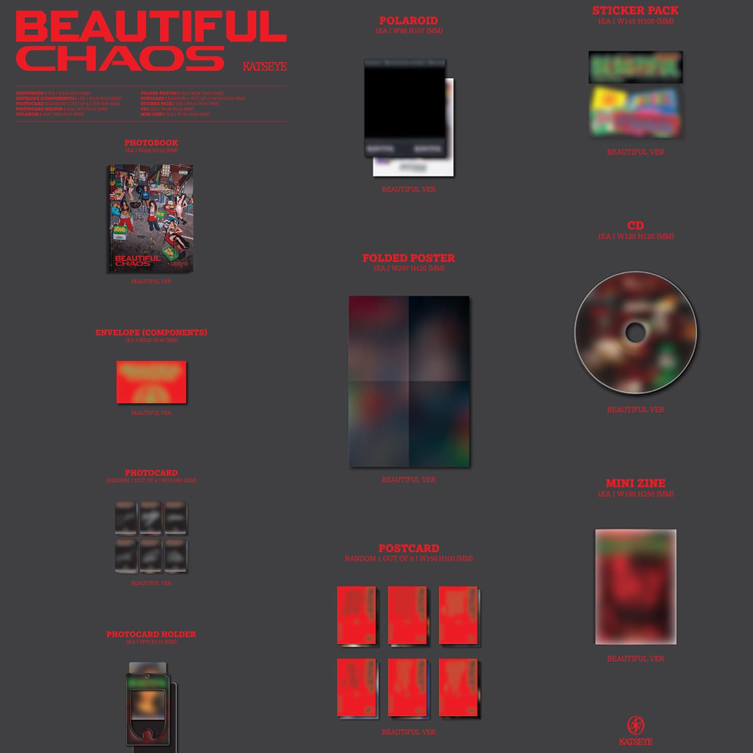 KATSEYE - [BEAUTIFUL CHAOS] (BEAUTIFUL Ver.) Photobook + Photocard + Folded Poster + Postcard + Sticker Pack + CD + Mini Zine