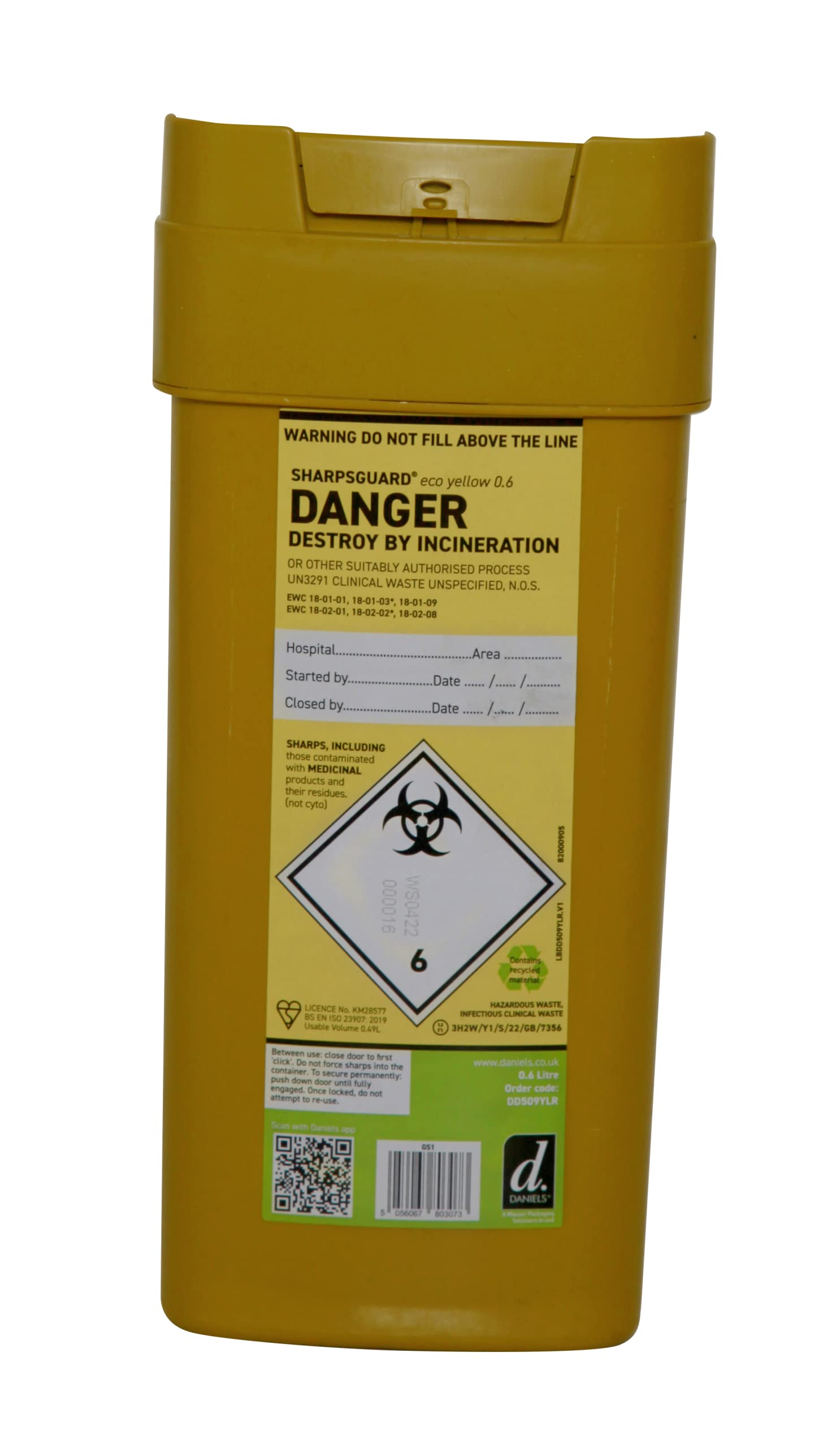 Munitech, Sharps Bin 0.6l Sharps Container for Needle Disposal 0.6 ltr Eco Friendly, Value (Pack of 3)