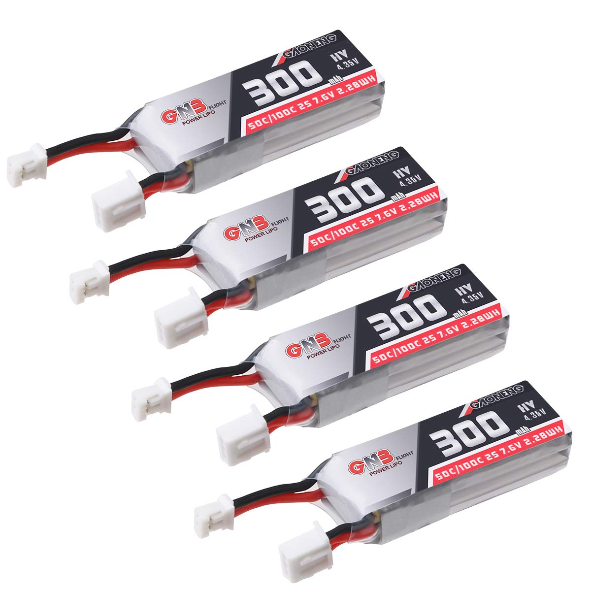 4pcs 300mAh 2S LiPo 50C/100C 7.6V HV 2S LiHv Battery with JST-PH 2.0 Powerwhoop Connector for 1-2S Brushless Micro Indoor Racing Drone Whoop Like EMAX Tinyhawk S