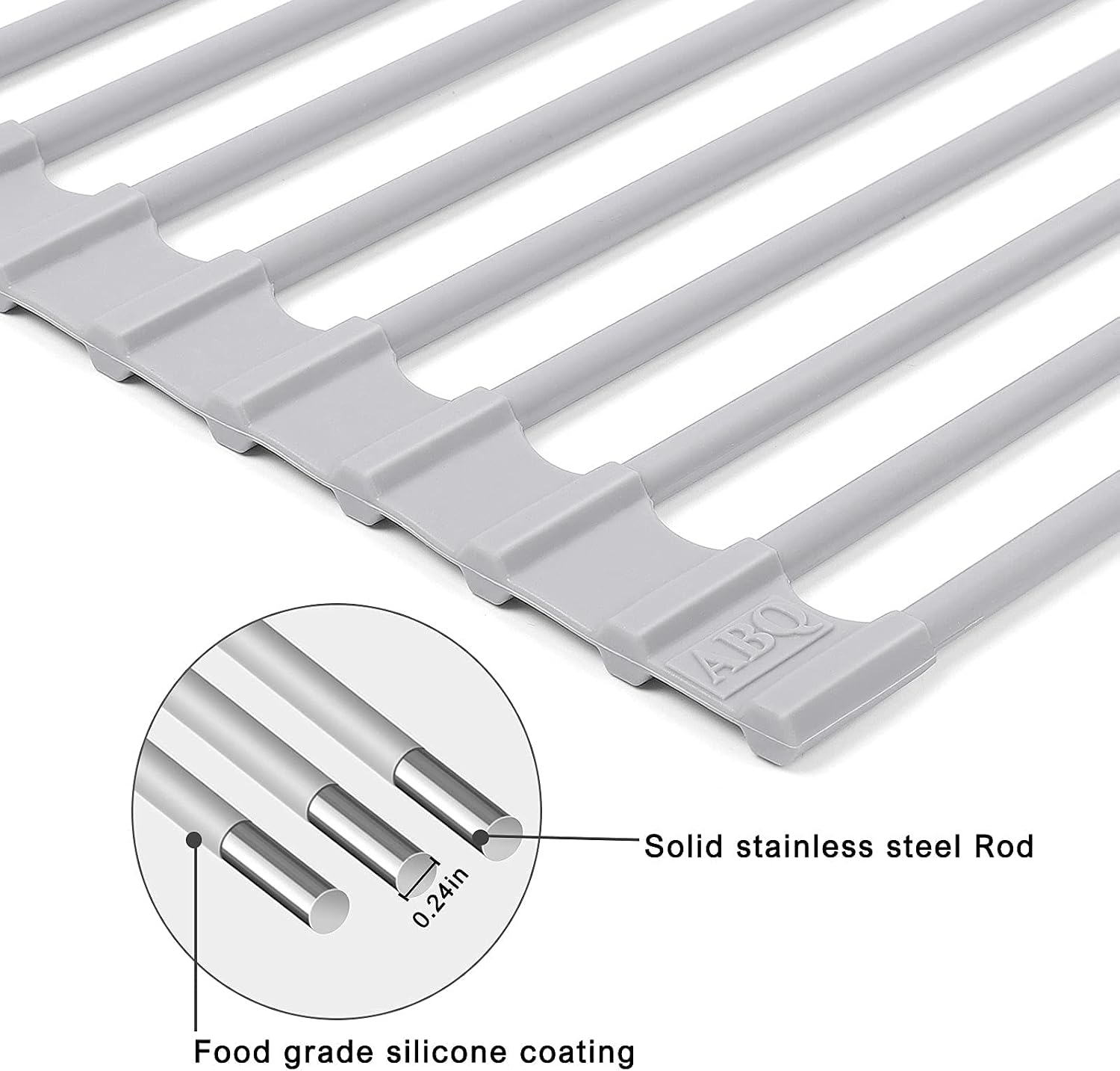 ABQ Over Sink Dish Drying Rack, Multipurpose Roll Up Dish Drying Rack, Foldable Food-Grade Silicone Coated Rolling Sink Rack Mat Stainless Steel Dish Drainer for Kitchen (17.5''x13'') Grey