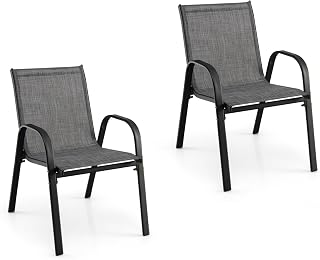 GIANTEX Juego de 2 Sillas Apilables, Silla de Jardín con Pasamanos, Marco de Acero Tubular Barnizado en Polvo para Jardín y Patio, Color Negro (2)
