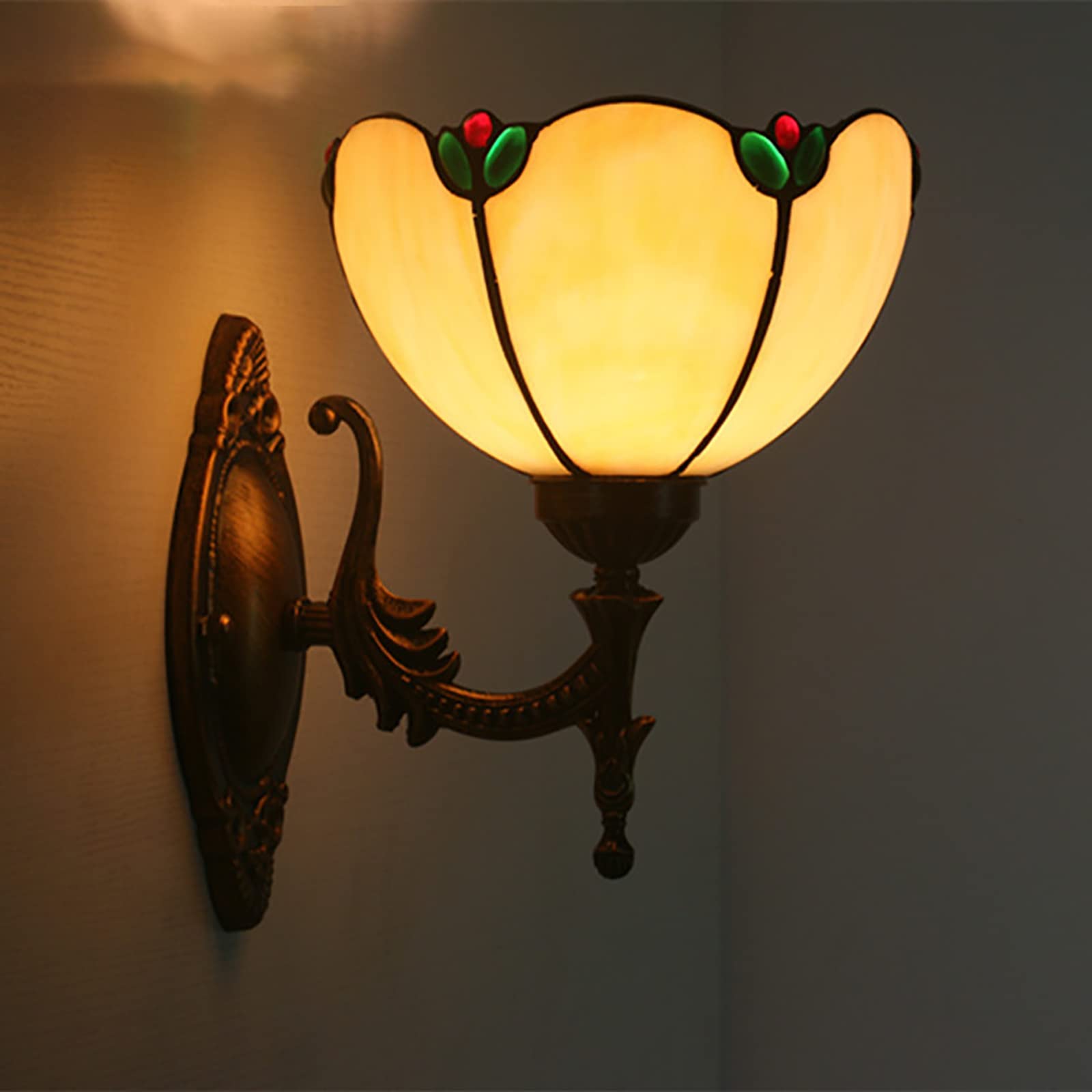 NHPJFDC 8 Inch Mini Tiffany Wall Sconce, Pastoral/Baroque/Mediterranean/Cream Amber Bead Style Stained Glass Wall Light, Handicrafts Wall Lamp For Hotel Room Corridor Library