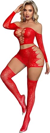 Lingerie Sets For Women Fishnet Bodysuit 2 Piece Fishnet BabyDoll Glow Party Rave Outfits