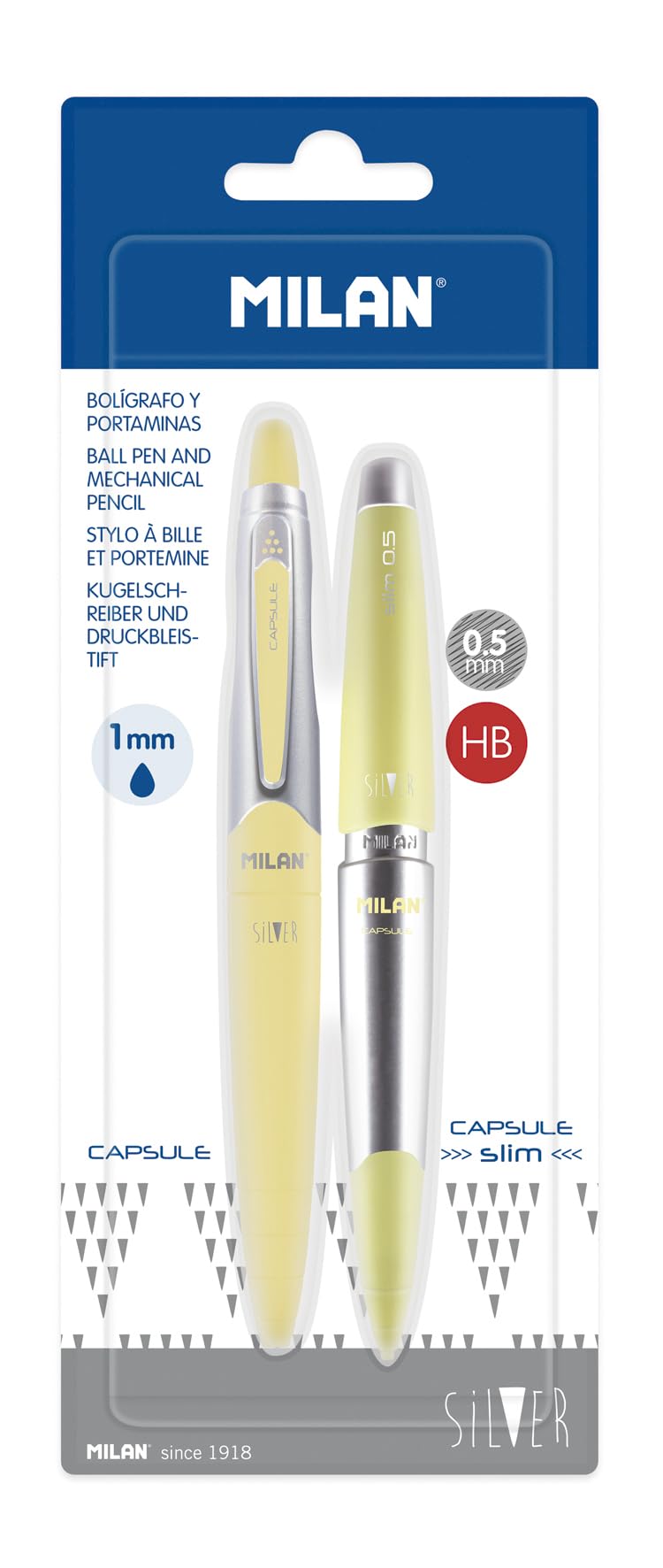MILAN Blíster 1 Bolígrafo Azul y 1 Portaminas 0.5 mm Capsule Silver