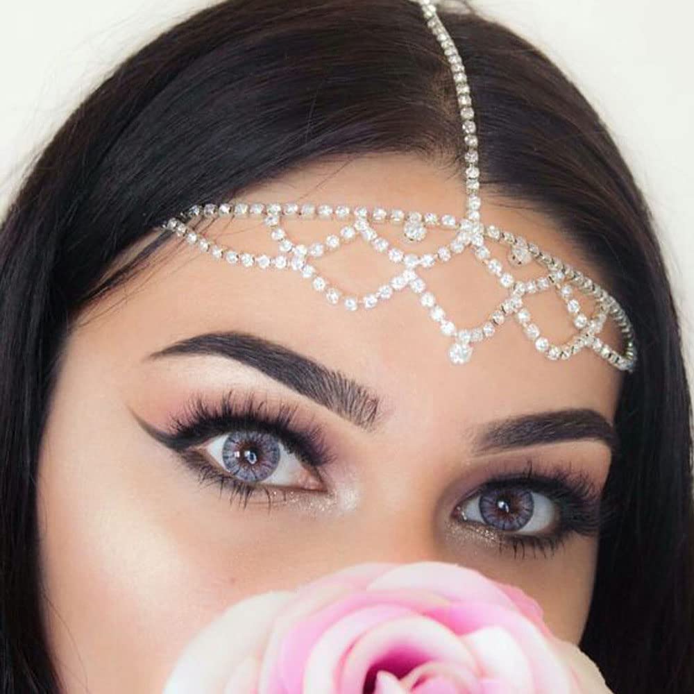 Brishow Boho Brides Wedding Head Chains Bridal Rhinestone Hair Jewelry Silver Crystal Layered Hair Chain Headpiece for Women and Girls