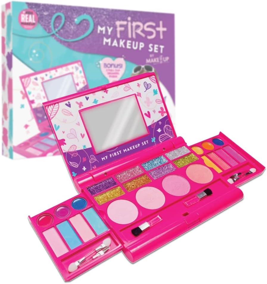 My First Makeup Set for Girls I Foldable Palette with Mirror I Pink Set Vanity I Original Design Washable Toddler Gift
