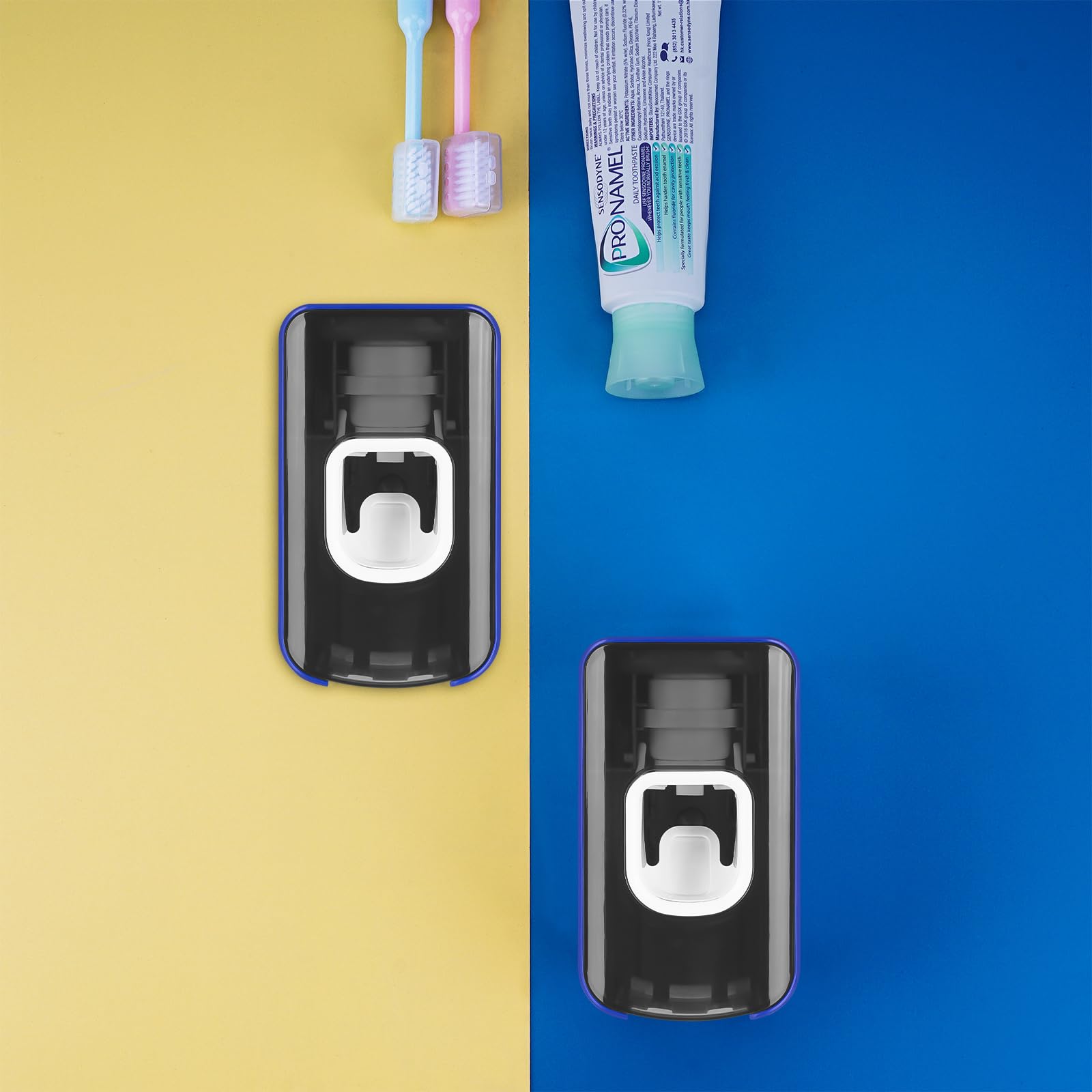 Soporte para cepillo de dientes de 2 ranuras y dispensador de pasta de dientes montado en la pared, exprimidor automático de pasta de dientes, organizador de pasta de dientes 2 en 1 para ducha (azul