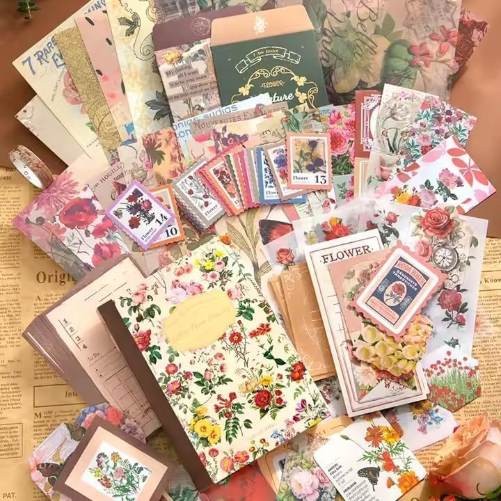 Image of ATIRAMANIYA Vintage Aesthetic Scrapbook Kit(346Pcs) Scrapbooking Supplies Kit with Bullet Junk Journal,Stationery,A6 Grid Notebook Journaling Gift for Girl (Flower)