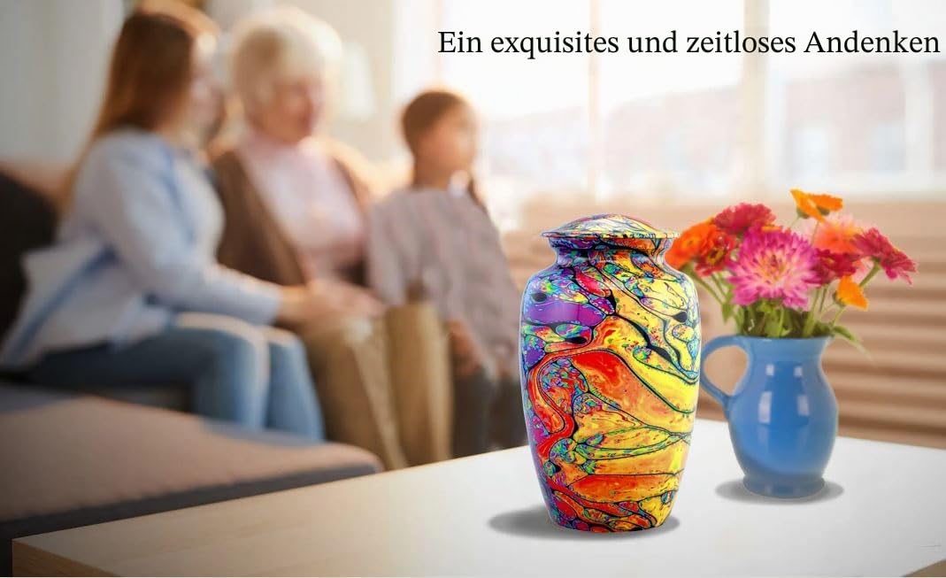 Moderne Druckurne – bunte, handgefertigte Batikurne – Farben des Lebens – Regenbogenurne – Beerdigungs- und Gedenkurne in voller Größe für menschliche Asche mit Samtbeutel