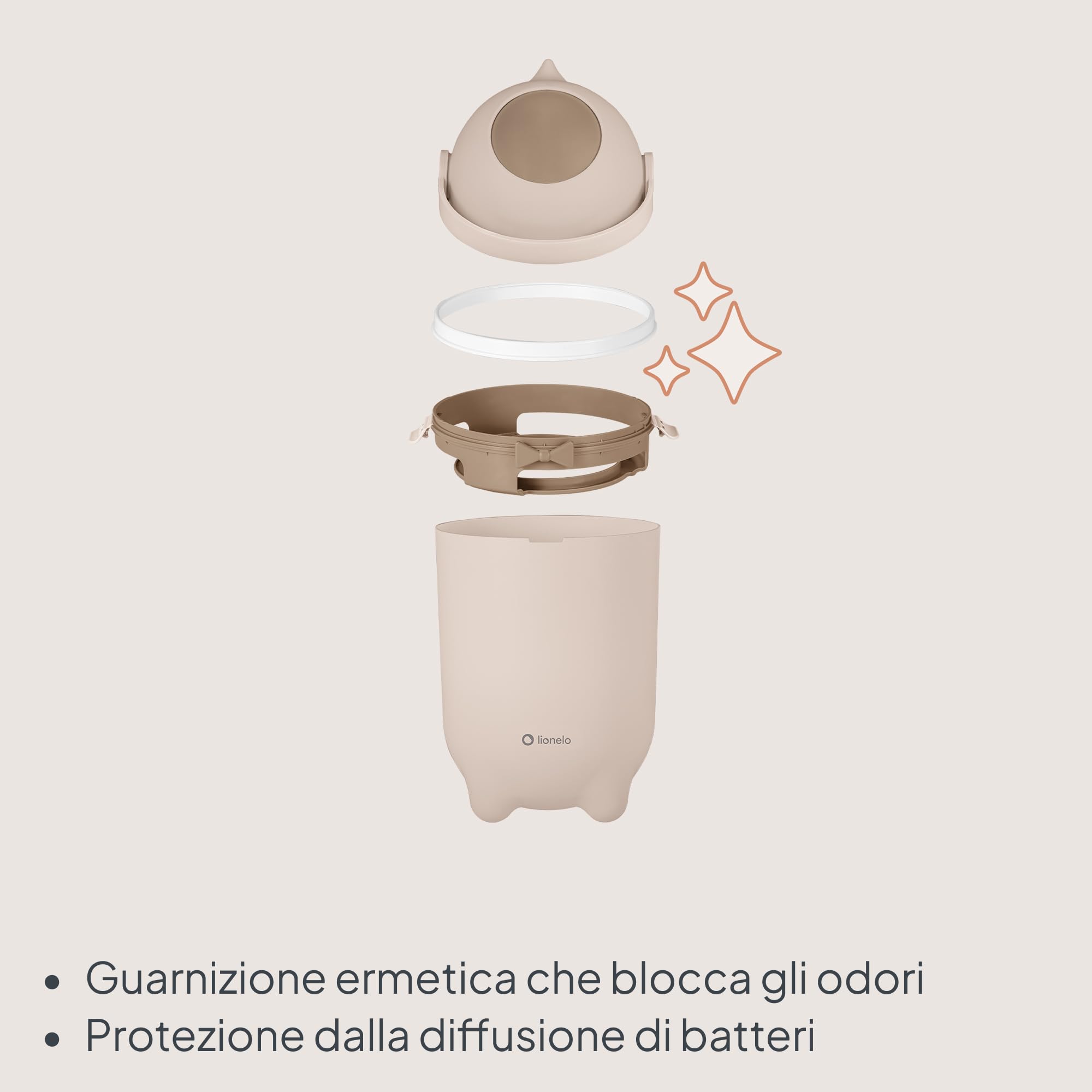 lionelo Purebin - Pattumiera per pannolini da 10 l, inodore e igienico, funziona con sacchetti universali per la spazzatura, meccanismo di controllo degli odori, funzionamento con una sola mano