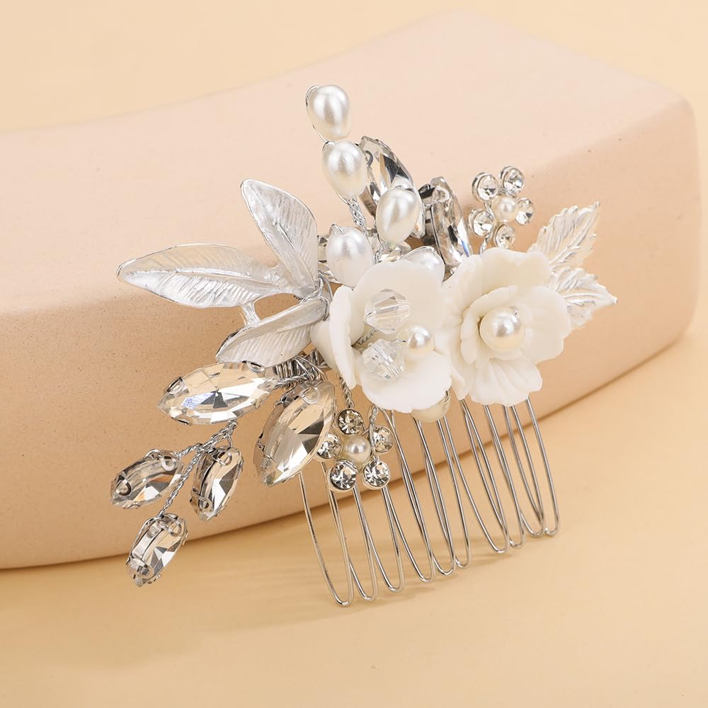 Teyglen White Flower Bridal Hair Comb Cute Small Flower Rhinestone Headpiece Floral Crystal Pearl Hair Piece Hair Accessories for Women Flower Girls