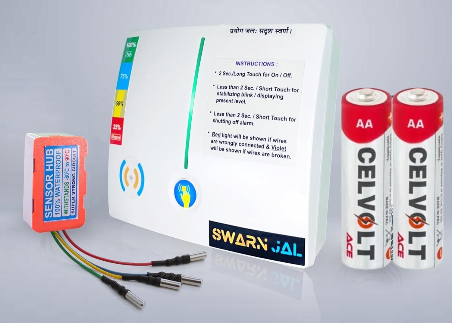 Swarn Jal (Model: A-SE-C) Water Tank Overflow Alarm and Empty Alarm with 4 Level Indicator, Cell Powered, Shock Proof,Single Pair Wire Transmission(Patented Technology), 1 Year Complete Warranty