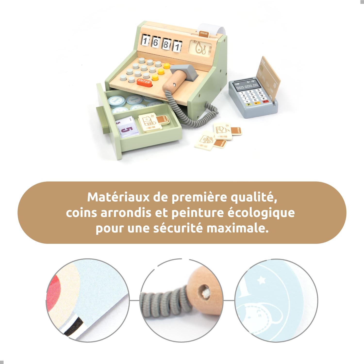 UMU® Caisse Enregistreuse en Bois pour Enfants avec Accessoires (Scanner, Terminal de Paiement, Argent de Jeu), Magasins pour Jeu de Rôle, à Partir de