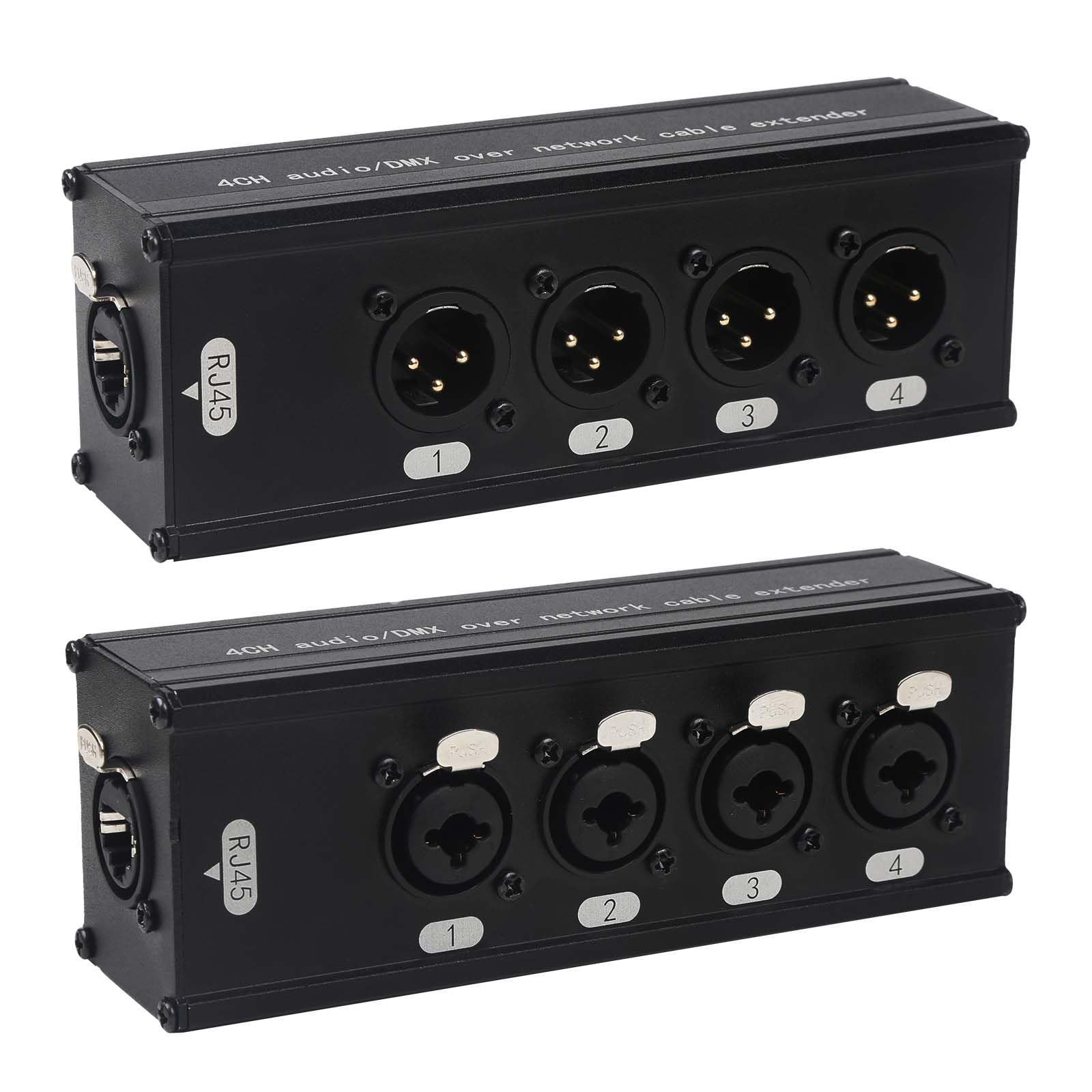 jindaaudio 4-Channel DMX XLR to Ethernet Extender, 3-Pin XLR Male/Female & Ethercon Adapter, Cat5/Cat6/Cat7 Network Cable Converter (1 Pair: Male +