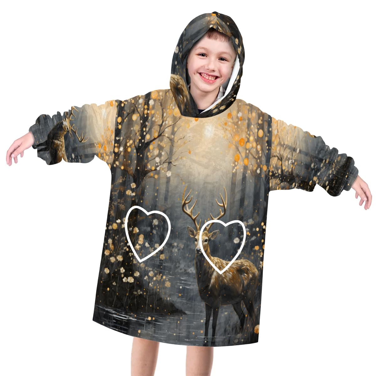 Pardick Wearable Blanket Hoodie for Kids, White-tailed Deer Fleece Sweatshirt Blanket Oversized Blanket Sweatshirt with Pocket Flannel Warm Hooded Blanket 6-10 Year Old Girl Boy Gift, One Size