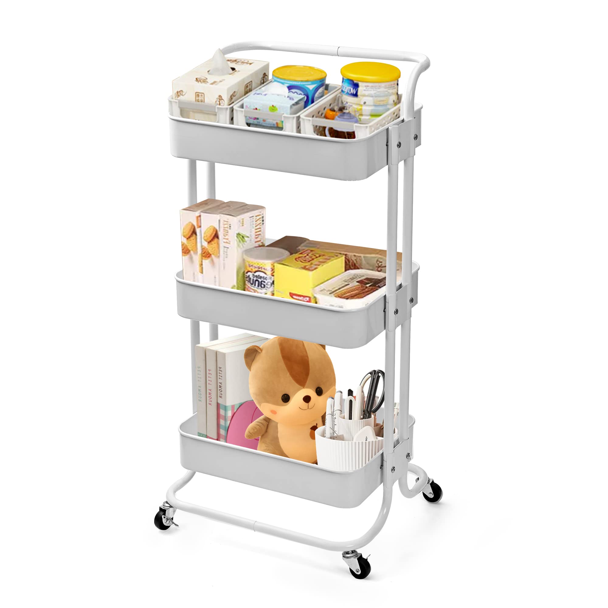 WASJOYE 3 Tier Utility Cart, Metal Rolling Cart with Handle and Lockable Wheels, Rolling Storage Organizer Trolley Cart for Kitchen Living Room Office