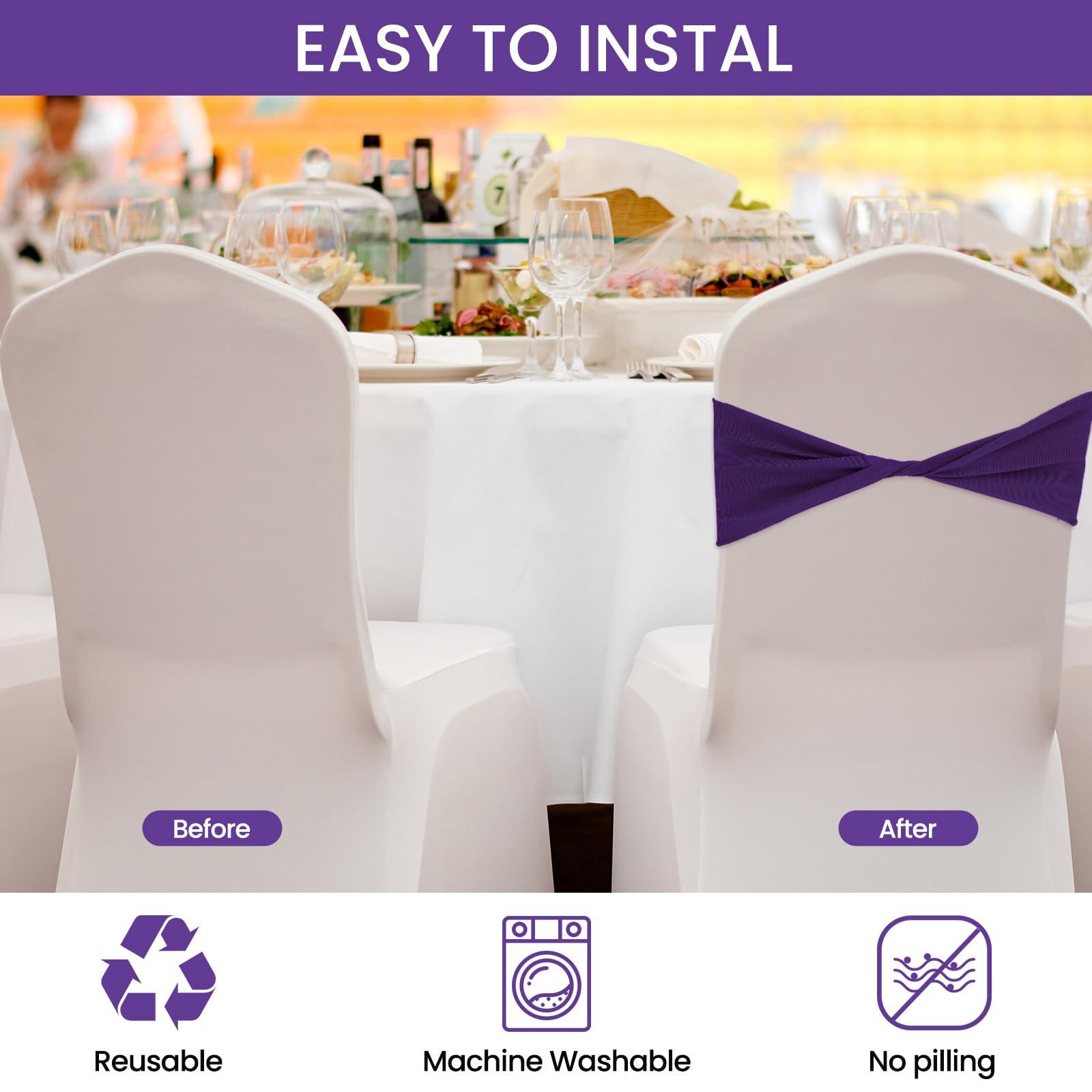 50 Fasce Elastiche In Spandex Per Sedie Kinlop, Colore Viola, Senza Fibbia, Decorazioni Per Matrimoni E Feste, 13x35 Cm