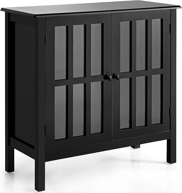 COSTWAY Wooden Storage Cabinet, Floor Standing Accent Cupboard with Tempered Glass Doors, Multipurpose Buffet Sideboard Display Side Cabinet for Living Room, Dining Room and Hallway (Black)