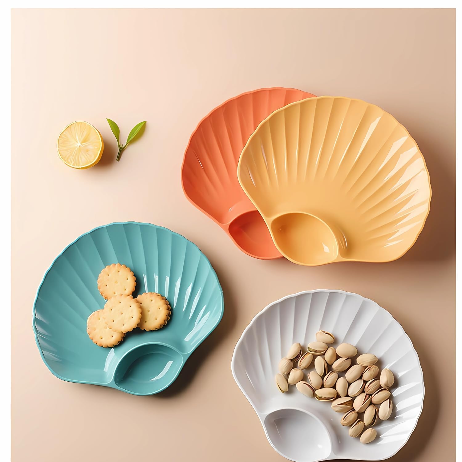 JNdabhi Shell-Shaped Plates, 7.28"Inch, Set of 4 | Appetizers Serving Dishes for Snacks, Chips, Pasta & Momos | Lightweight & Divided Dishes | Wheat Straw Plate for Serving Snacks for Parties & Picnic 4