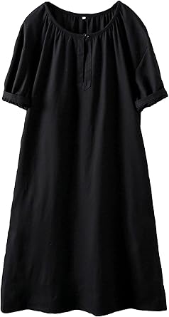 Minibee Women's Cotton Linen Dress Short Sleeve Midi Casual Plus Size Tunic Dress with Pockets