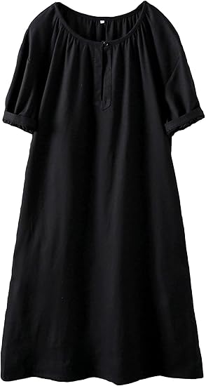 Minibee Women's Cotton Linen Dress Short Sleeve Midi Casual Plus Size Tunic Dress with Pockets