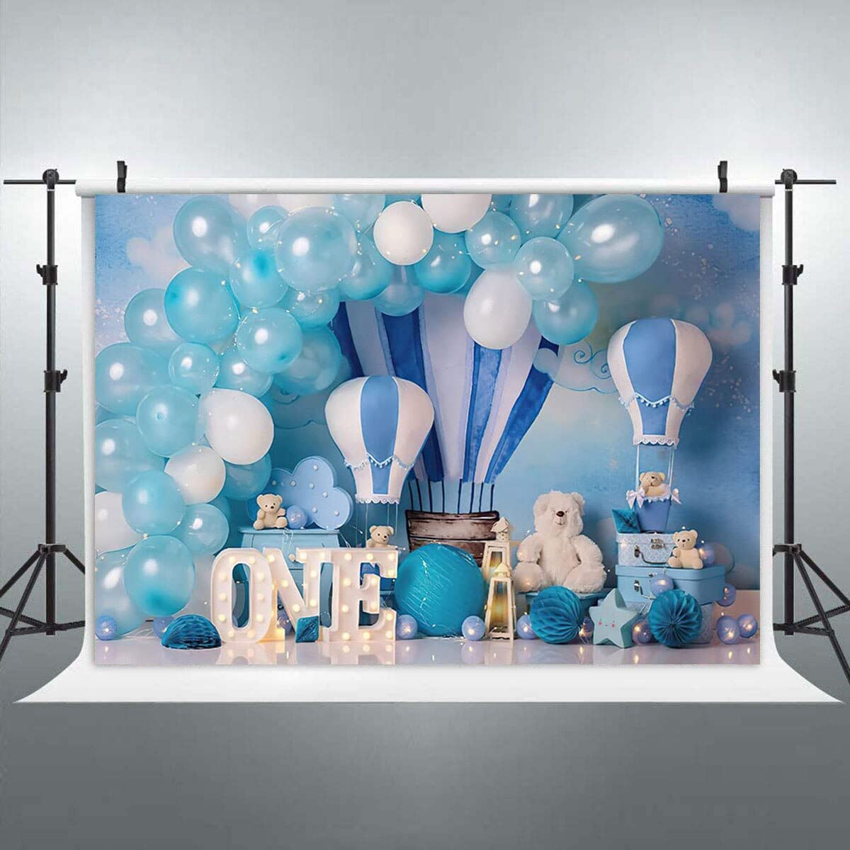 Blue Sky Air Balloon Sfondo felice 1st First Birthday Party Wall Poster Background per Baby Shower Boy 2nd 3rd Table Banner