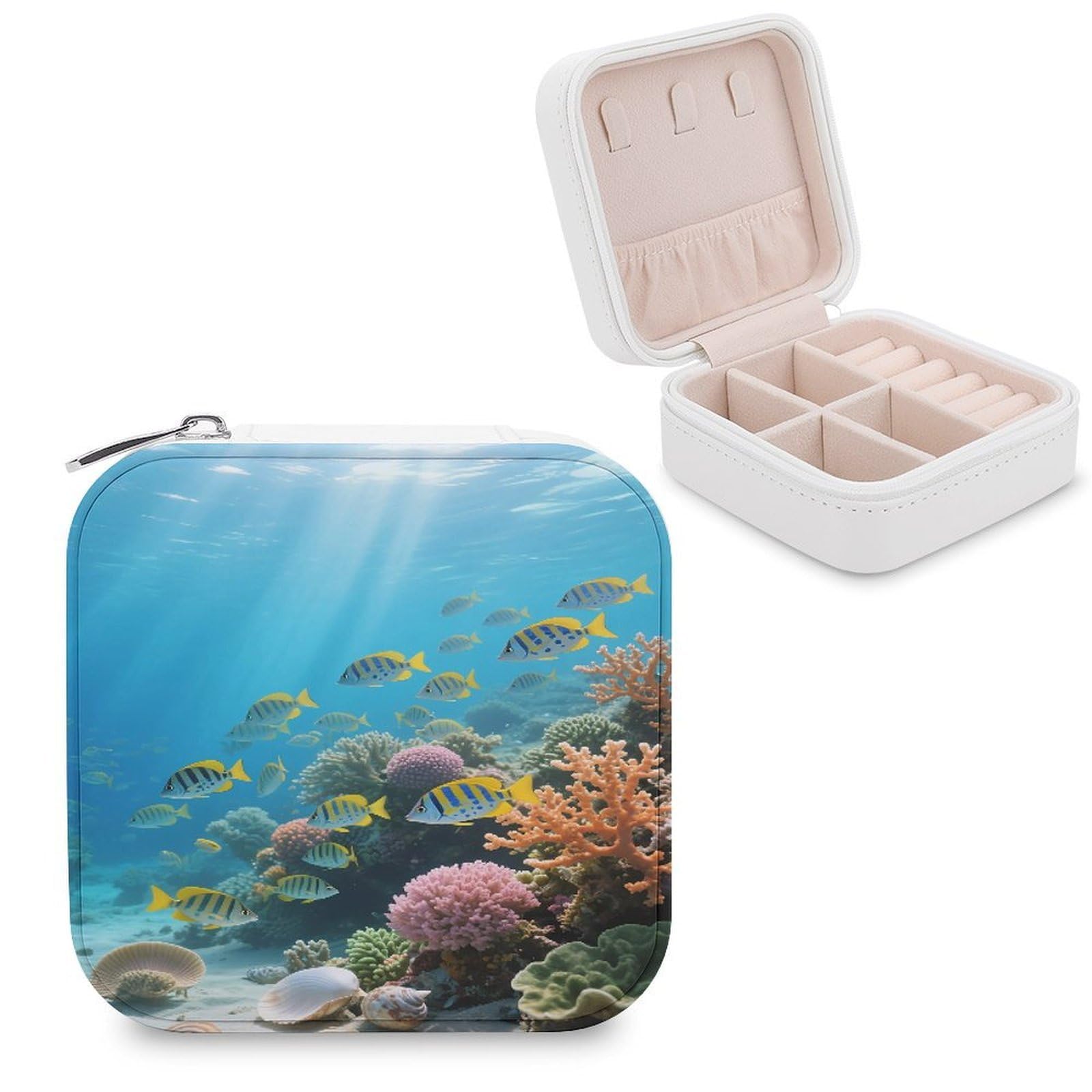 VstaDank Various Fish Coral Reefs Jewelry Box for Women Jewelry Organizer Storage Case with Zipper Mini Travel Jewelry Case Cute Trinket Organizer Leather Portable Jewelry Storage Box