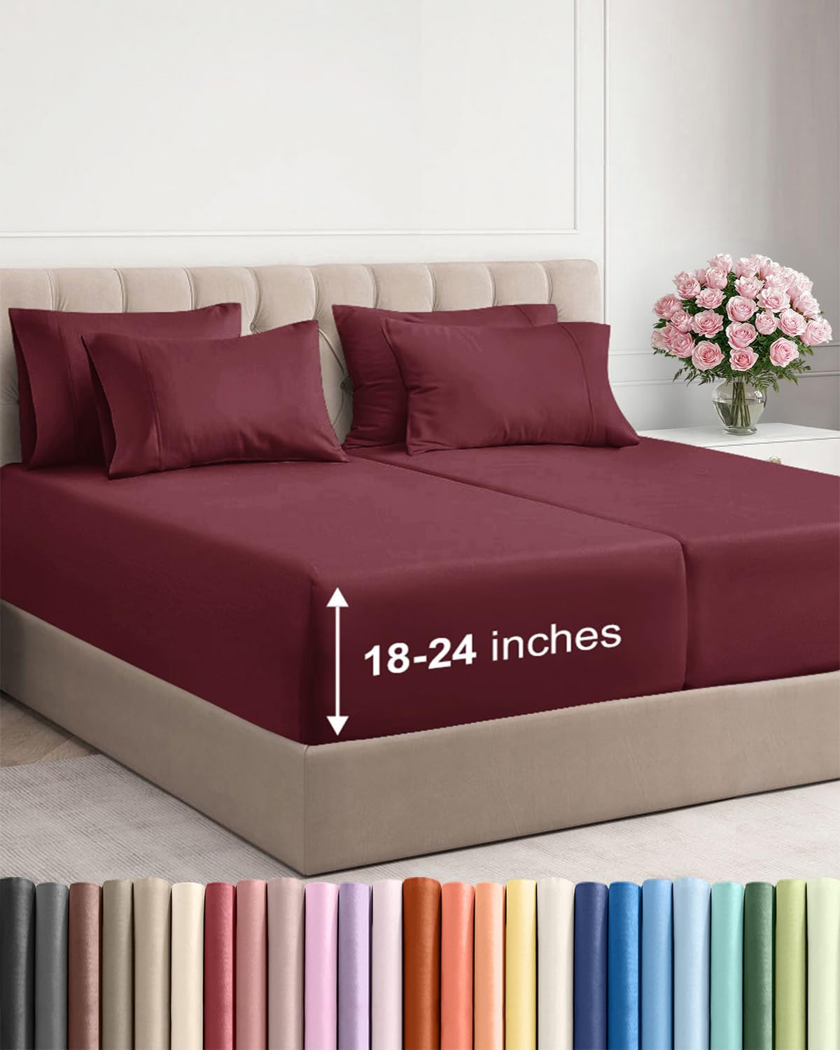 CGK Extra Deep Split King Sheet Set - 7pc Cooling Sheets - Burgundy