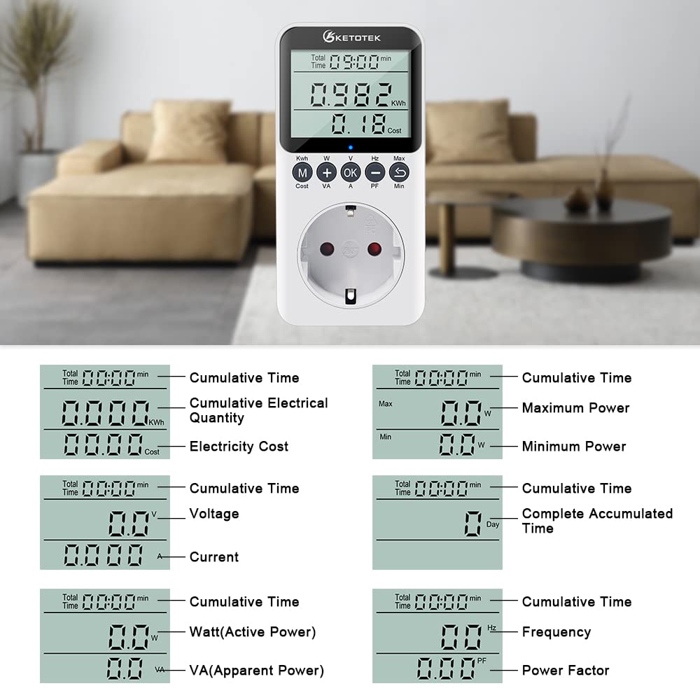 KETOTEK Medidor de Consumo Electrico, Enchufe Medidor de Energía con Pantalla LCD, Reteción de Datos Medidor de Costo de Electricidad 3680W Protección contra Sobrecarga