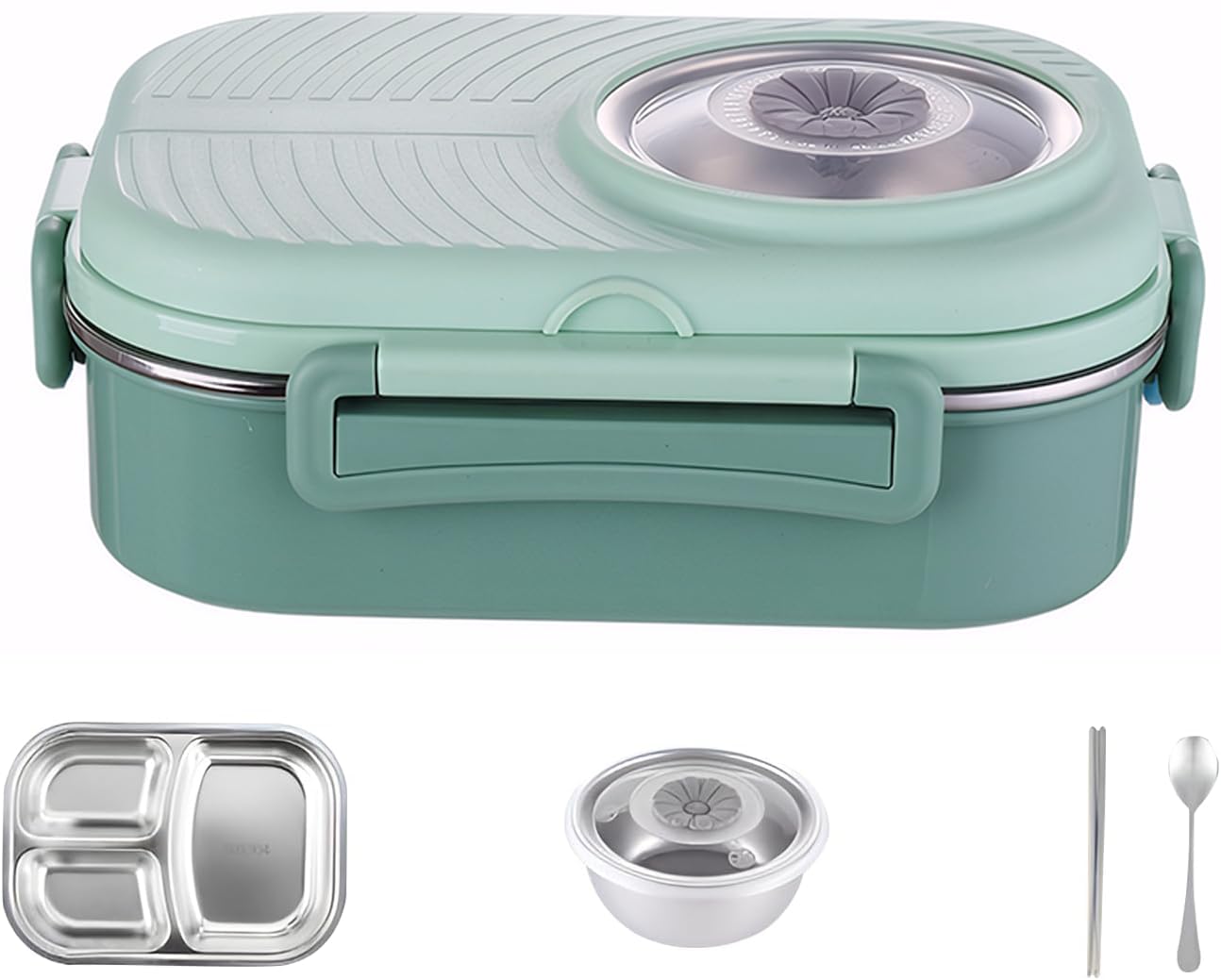 Accmuzzy 1100ml/38.7Oz Stainless Steel Lunch Container with Compartments, Salad Food Storage Box for Hot Food, Meal Prep Container with Cutlery & Thermos Insulated Design (Green)