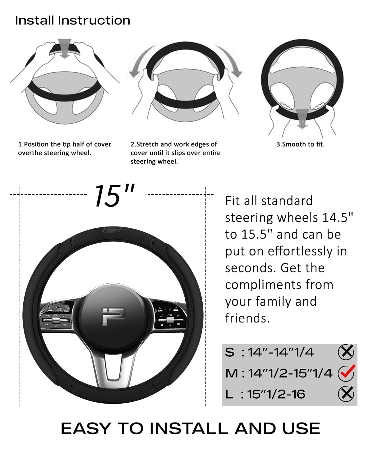 Skechers Steering Wheel Cover, Memory Foam Car Steering Wheel Cover,14.5-15inch Anti-Slip Safety Comfortable Desgin, Universal Accessory for Diverse Cars, Truck,SUV (Black & Black)